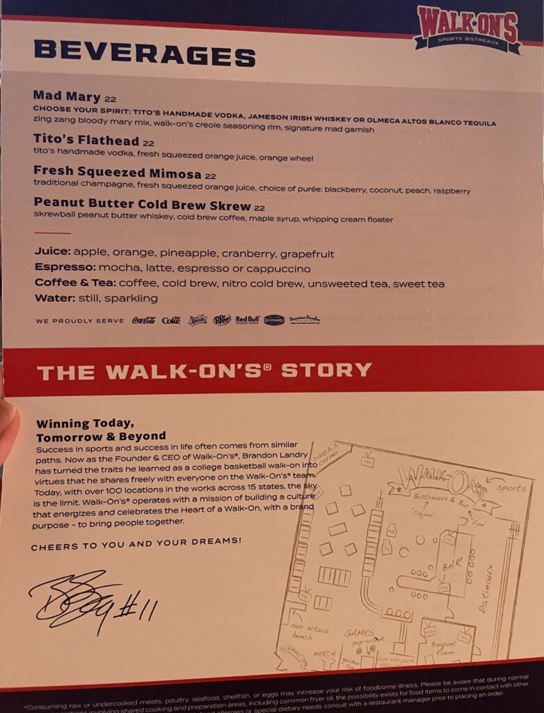 walk on's beverage menu
